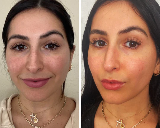 Two side-by-side close-up photos of a woman with long dark hair wearing similar jewelry and makeup, showing a slight variation in expression and lighting.