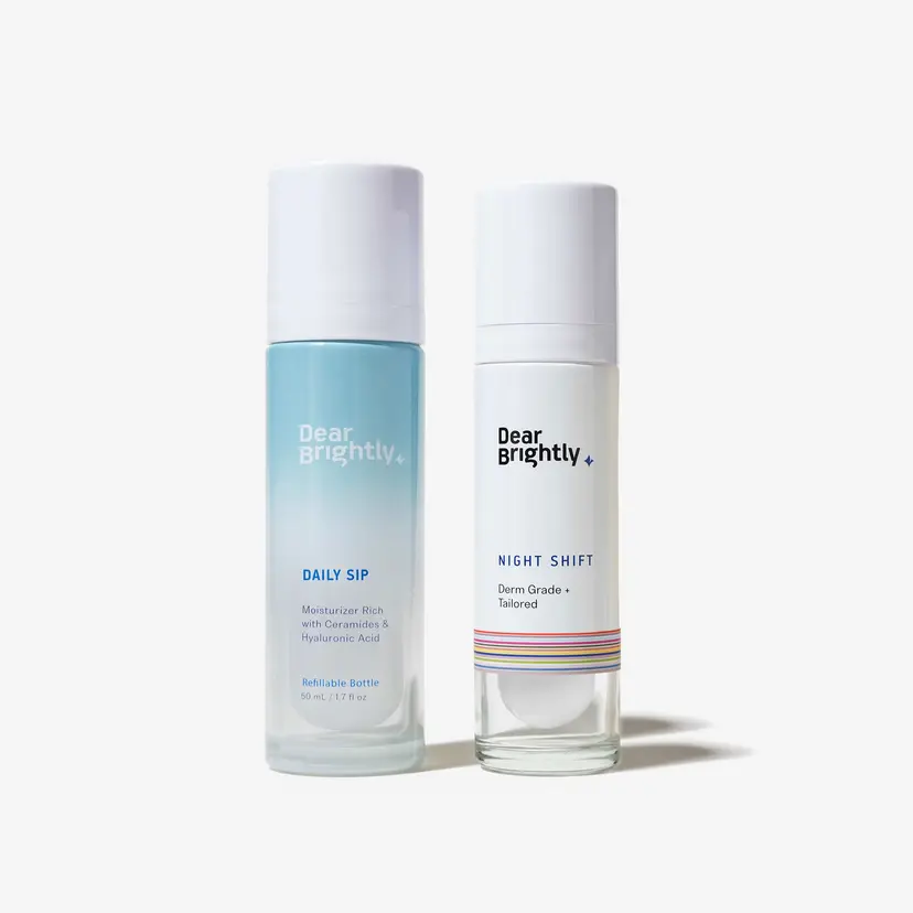 Two skincare bottles side by side on a white background. The blue bottle is labeled 